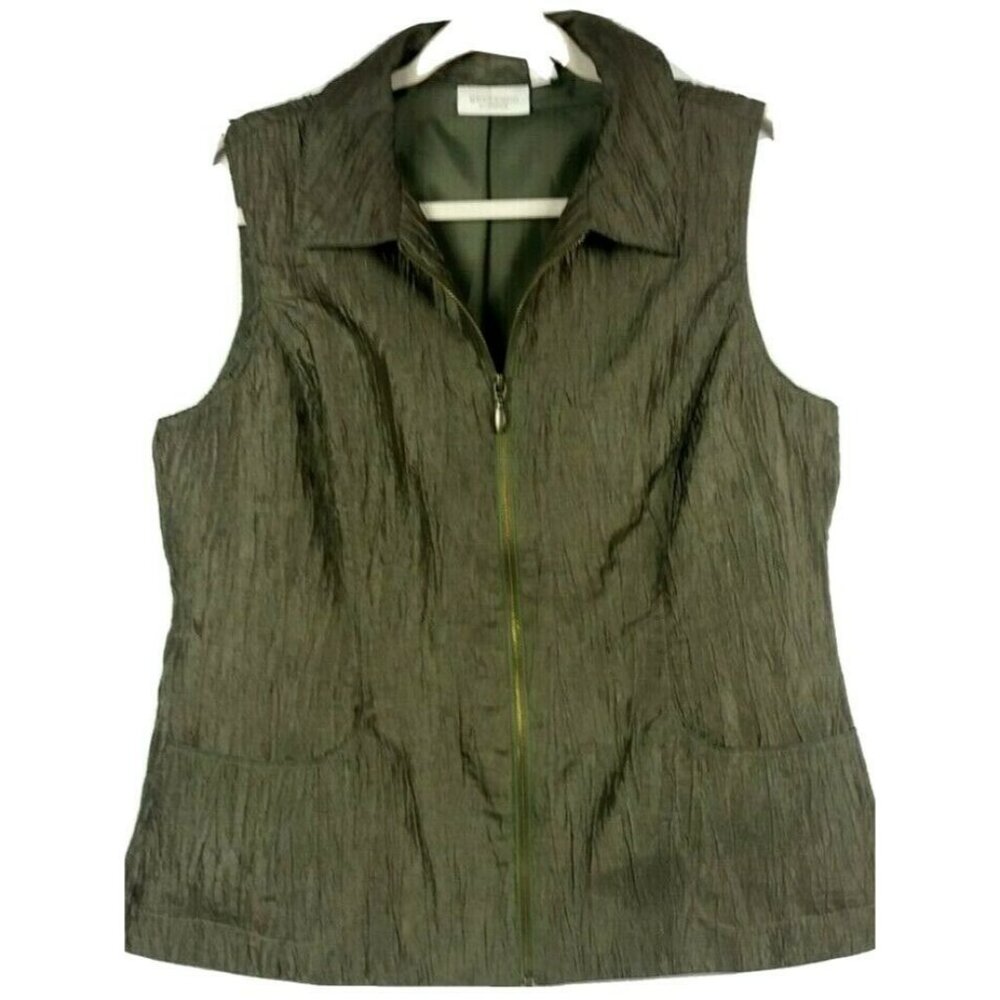 Green Lightweight Vest Top Full Zip Weekends by Chicos 1 Med Crepe Layering Fall